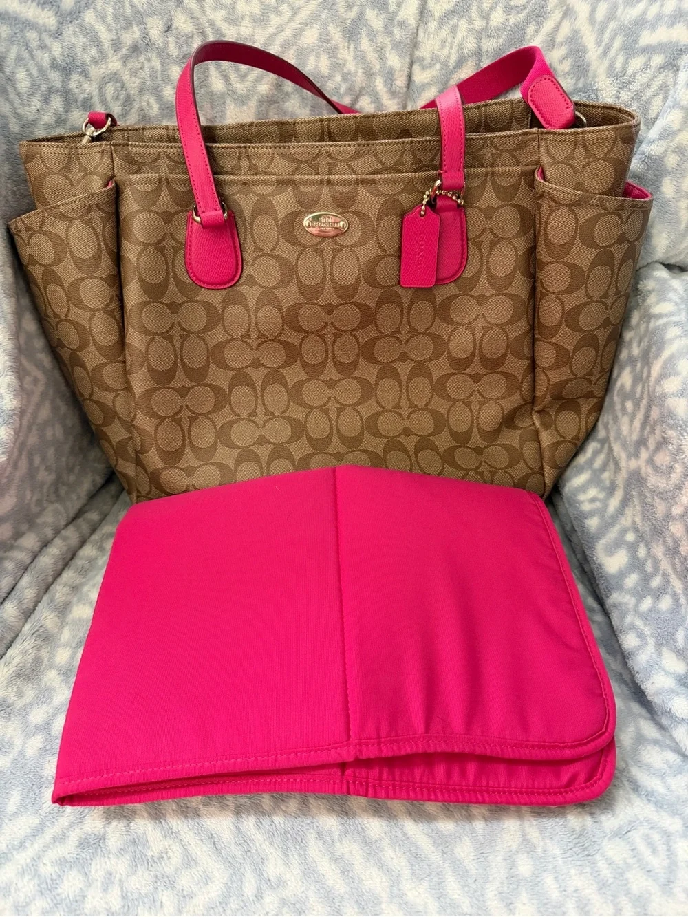 Coach Brown Signature Canvas Tote with Pink Trim and Straps
